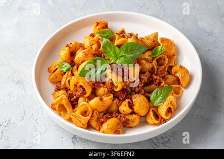 Italienische Pipe Rigate-Pasta mit reichhaltiger Bolognese-Fleischsauce und frischen Basilikumblättern auf einem weißen Teller Stockfoto