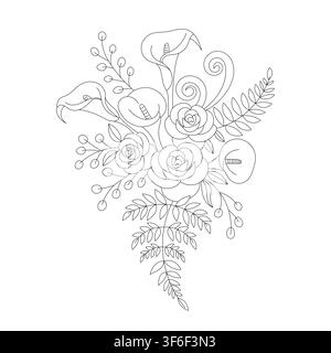 Ein Strauß aus Rosen und Calla-Lilien mit Laub. Eine Strichillustration mit eleganten Blumen für Hochzeitsdekoration oder Einladungen. Stock Vektor