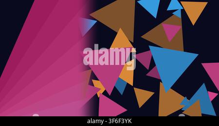 Eine lebendige Darstellung mit dynamischen neonfarbenen Dreiecken, die in einem abstrakten Muster vor einem dunklen Hintergrund angeordnet sind. Stockfoto