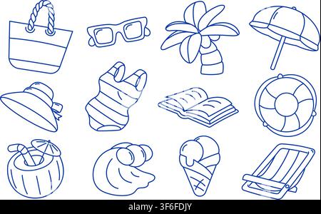 Sommer-Strandurlaub-und-Ferien-Doodle-Symbole-und-handgezeichnete-Design-Elemente-Set Stock Vektor