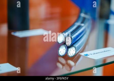 Moskau, Russland, 09.07.2026 Schwerer elektrischer Kabel mit mehreren Metalldrähten im Inneren, isoliert auf einem Glasständer auf einer Handelsmesse. Stromversorgung Stockfoto