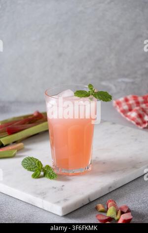 Erfrischende hausgemachte Rhabarberlimonade mit frischen Minzblättern und Eiswürfeln, serviert auf Marmorplatte. Gesundes saisonales Sommergetränk. Stockfoto