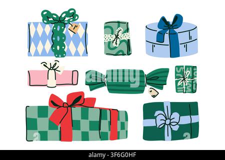 Minimale Weihnachtsgeschenksammlung mit verpackten Feiertagsgeschenkkisten im skandinavischen handgezeichneten Stil Stock Vektor