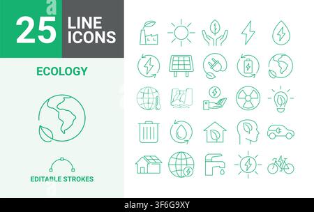 Satz von 25 bearbeitbaren Ökologie-Linien-Icons. Vektorillustration im modernen Dünnlinien-Stil Stock Vektor
