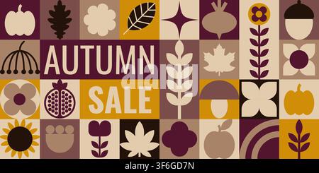 Modernes horizontales Herbstverkaufs-Banner mit einem geometrischen Raster mit Kürbissen, Blättern, Pilzen, Äpfeln, Eicheln und anderen saisonalen Ernte-Symbolen. Pro Stock Vektor