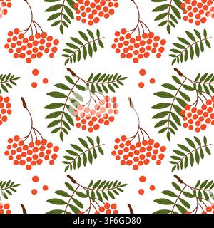Nahtloses Muster mit roten Ebereschenbeeren und grünen Blättern auf weißem Hintergrund in einem niedlichen handgezeichneten flachen Stil. Perfekt für Herbsttextilien Stock Vektor