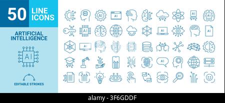 Set aus 50 künstlichen Intelligenz-Web-Icons im Linienstil. KI-Technologie-Icons für Web- und mobile Anwendungen. Stock Vektor