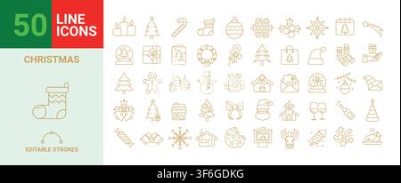 Satz von 50 Weihnachts-Icons, Vektoren im Vektorformat, bearbeitbare Striche. Stock Vektor