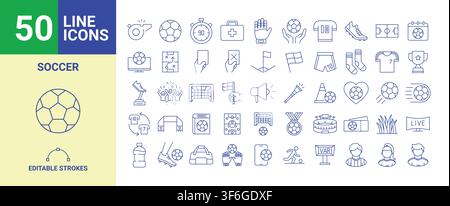 Pack mit Linien-Icons für Fußball und Fußball mit 50 bearbeitbaren Strichsymbolen Stock Vektor