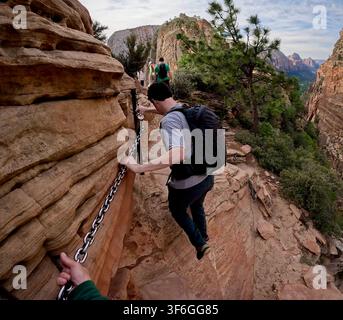 Zion-Nationalpark, Utah, USA – 28. April 2024: Mann verwendet eine Kette auf dem Angels Landing Felsvorsprung Stockfoto