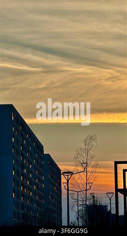 Warme Sonnenuntergangsreflexionen, die in den Fenstern eines Wohngebäudes leuchten und eine abstrakte urbane Abendszene erzeugen. Stockfoto