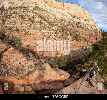 Zion-Nationalpark, Utah, USA - 28. April 2024: Aufstieg zum Angels Landing auf schmalem Grat Stockfoto