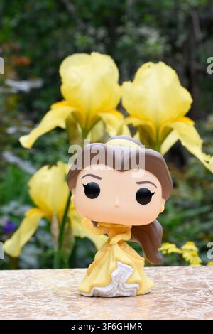 Funko-Pop-Actionfigur der Disney-Prinzessin Belle aus dem Animationsfilm Die Schöne und das Biest. Puppe steht vor gelben Schwertlilien. Stockfoto