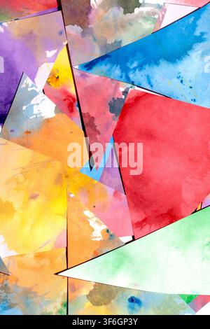 Dreiecksgeschnittenes Papier mit Farbspritzern abstrakter Regenbogenhintergrund Malerei kreative Formen Stockfoto