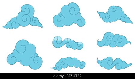 Blaue Wolken im flachen Japan-Stil. Jinx-Tattoo-Set Stock Vektor