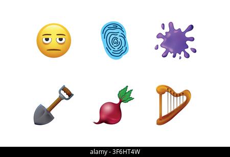 Emoticons. Neues iPhone iOS 18 Emoji-Set auf weißem Hintergrund. Trauriges, enttäuschtes Emoji, Fingerabdruck, lila Fleck, Schaufel, Rübe, Harfe. Stock Vektor