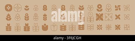 Mid-Century-Modern Botanisches Grafik-Blumen- und Blätter-Icons-Set Stock Vektor