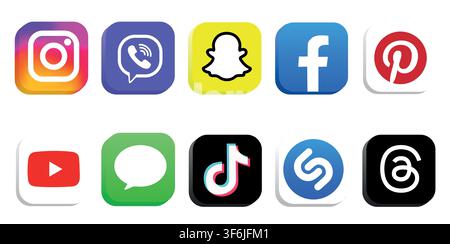 Vektorset mit Social-Media-Ikonen-Logo. Instagram, Viber, Snapchat, Facebook, Pinterest, YouTube, Massanger, TikTok, Shazam, Threads-App. Beliebte Social-M Stock Vektor