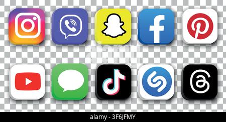 Vektorset mit Social-Media-Ikonen-Logo. Instagram, Viber, Snapchat, Facebook, Pinterest, YouTube, Massanger, TikTok, Shazam, Threads-App. Beliebte Social-M Stock Vektor