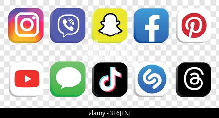 Vektorset mit Social-Media-Ikonen-Logo. Instagram, Viber, Snapchat, Facebook, Pinterest, YouTube, Massanger, TikTok, Shazam, Threads-App. Beliebte Social-M Stock Vektor
