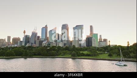 Stadtbild des zentralen Geschäftsviertels von Sydney erhebt sich hinter dem Royal Botanic Garden, mit modernen Wolkenkratzern und der Sydney Tower, während ein Katamaran die ruhigen Gewässer von Farm Cove bei Sonnenuntergang genießt Stockfoto