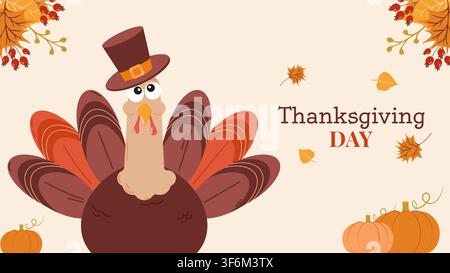 Niedliche Truthahn-Herbstblätter und Kranz-Einladungsvorlage für Thanksgiving. Für Grußkarten-Party-Einladung Druck und Webdesign, Vektorillustration. Stock Vektor