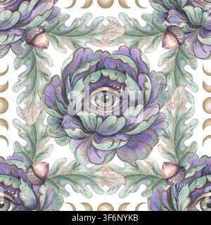 Augenpfingstrose mit Eichenblättern und Eichel nahtloses Muster. Handgezeichnete Wasserfarbe lila mystische Blume und goldener Stern. Waldgrafik für Halloween-Design. Dekorativer Wiederholungsmuster für Stoff oder Tapete. Stockfoto
