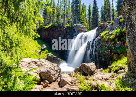 Eine seidige Kaskade fließt über Moose Falls in ein felsiges Becken im Yellowstone-Nationalpark mit Langzeitbelichtungseffekt Stockfoto