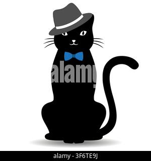 Illustration einer niedlichen schwarzen Katze mit Hut und Schleife auf weißem Hintergrund mit Schatten Stock Vektor