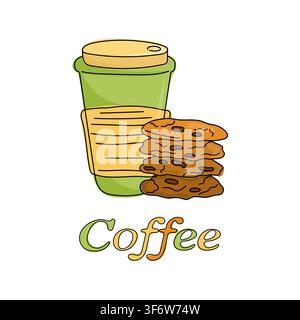 Coffee-to-go-Becher mit Schokoladenkeksen als Cliparts für Kaffeepausen, Café-Menüs, Bäckereibranding, Frühstück. Stock Vektor