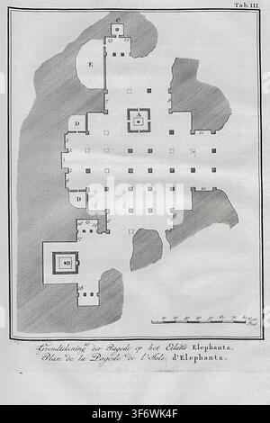 Grundriss, der die antike Tempelanlage der Elephanta-Höhlen mit verschiedenen Kammern und Säulen veranschaulicht, wobei die historische Architektur und das Strukturdesign aus einer alten Radierung detailliert dargestellt werden. aus Reize naar Arabie?? en andere omliggende landen [Reisen nach Arabien und anderen umliegenden Ländern] von Niebuhr, Carsten, 1733-1815; Baalde, Steven Jacobus (Amsterdam) prt; Schoonhoven, Johannes van (Utrecht) prt; Wild, Bartholomeus (Utrecht) prt; Besseling, Johan Joseph (Utrecht) prt Veröffentlichungsdatum 1776 Stockfoto