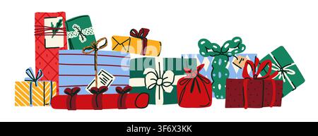 Große Sammlung von Weihnachtsgeschenkboxen und verpackten Feiertagsgeschenken mit Schleifenbändern, handgezeichnete Illustration Stock Vektor