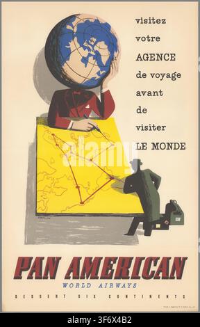 Vintage-Werbeplakat von Pan American World Airways, das einen Mann mit einem Globuskopf zeigt, der internationale Routen auf einer Karte plant, mit einem Reisenden, der zum Abflug bereit ist, und der den globalen Reiseverkehr fördert Stockfoto