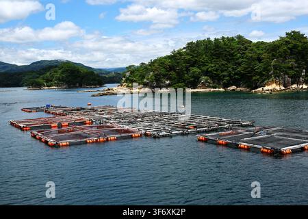 Schwebende Fischfarmgehege in einer malerischen Meeresbucht Stockfoto