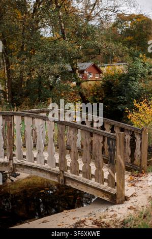 Charmante Holzbrücke über einen kleinen Bach in Norwegen Stockfoto