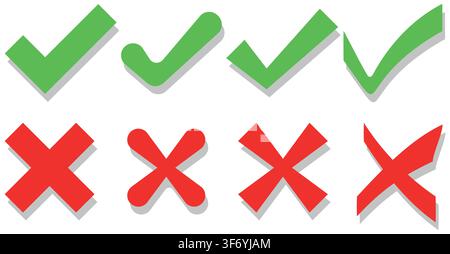 Haken- und Kreuz-Bürstenzeichen. Grünes Häkchen OK und rote X-Symbole, isoliert auf weißem Hintergrund. Symbole JA- und NEIN-Knopf Stock Vektor