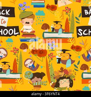Nahtloses Muster aus glücklichen Kindern mit Schulausrüstung. Zurück zur Schule Stock Vektor