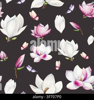 Magnolia weiße und rosa Blumen nahtloses Muster. Aquarell handgezeichnete Schmetterlinge, Frühlings üppige Blütenillustration isoliert auf Hintergrund Stockfoto