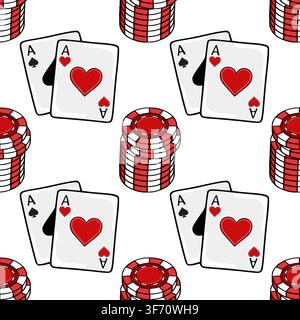 Nahtloses Muster mit Spielkartenvektoren und roten Pokerchips Stock Vektor