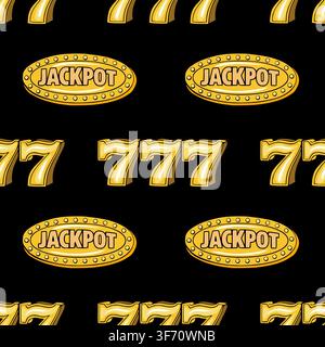 Nahtloses Vektormuster mit goldenen Casino-Jackpot-Symbolen und Glückszahl-Sieben-Symbolen auf schwarzem Hintergrund Stock Vektor