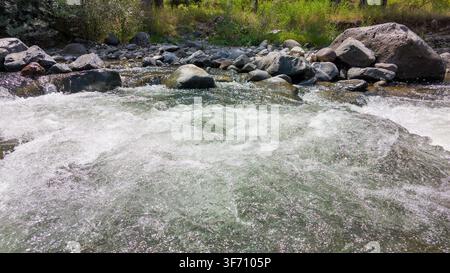 Ein stürmender Gebirgsbach fließt über nasse Felsen. Wasser spritzt mit weißem Schaum Stockfoto