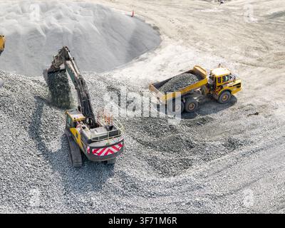 Luftaufnahme eines Baggers, der Kies in einen gelben Kipplaster bei einem Steinbruch im Vereinigten Königreich lädt. Stockfoto