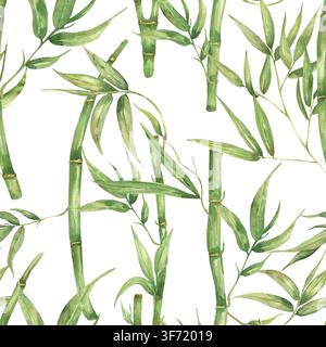 Aquarellgrüner Bambus hinterlässt ein nahtloses Muster, das Flora-Papier wiederholt Stockfoto