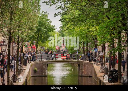 Amsterdam, Niederlande – Juni 2026: Fußgänger und Radfahrer fahren entlang eines von Bäumen gesäumten Kanals unter roten und weißen Verkehrsschildern. Stockfoto