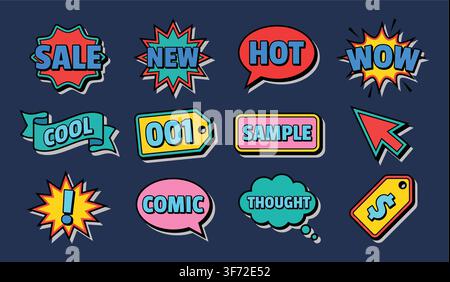 Bunte Vektor-Comic-Stil-Aufkleber, Abzeichen, Sale-Tags und Sprechblasen, isoliert auf dunkelblauem Hintergrund. Stock Vektor