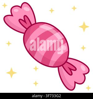Niedliche pastellrosa gestreifte, verpackte Süßigkeiten-Vektorillustration. Minimalistisches glänzendes Süßes mit Herzdetails und goldenen Glitzerpunkten im Kawaii-Stil. Perfekt für Stock Vektor