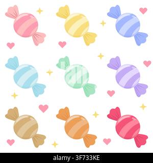 Niedliche Sammlung von 9 pastellfarbenen gestreiften verpackten Süßigkeiten-Vektor-Icons. Minimalistische glänzende Süßigkeiten in einem ausgewogenen 3x3-Raster mit rosa Herzen und goldenen Sternen. Perfe Stock Vektor