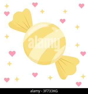 Niedliche pastellgelb gestreifte verpackte Süßigkeiten-Vektorillustration. Minimalistisches glänzendes Süßes, umgeben von rosa Herzen und goldenen Sternen im Kawaii-Stil. Perfek Stock Vektor