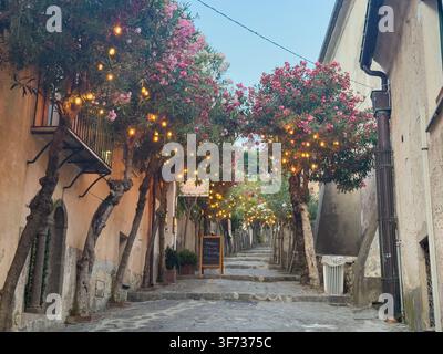 Blühende Oleanderbäume und glühende Lichter säumen eine malerische steinerne Treppe durch die historische Hügelstadt Ravello an der Amalfiküste in Italien. Stockfoto