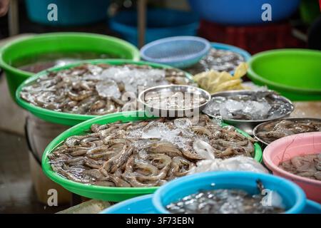 Morgenfang von Garnelen auf dem Meeresfrüchte-Straßenmarkt, Becken gefüllt mit Garnelen, die mit Eis bedeckt sind. Stockfoto